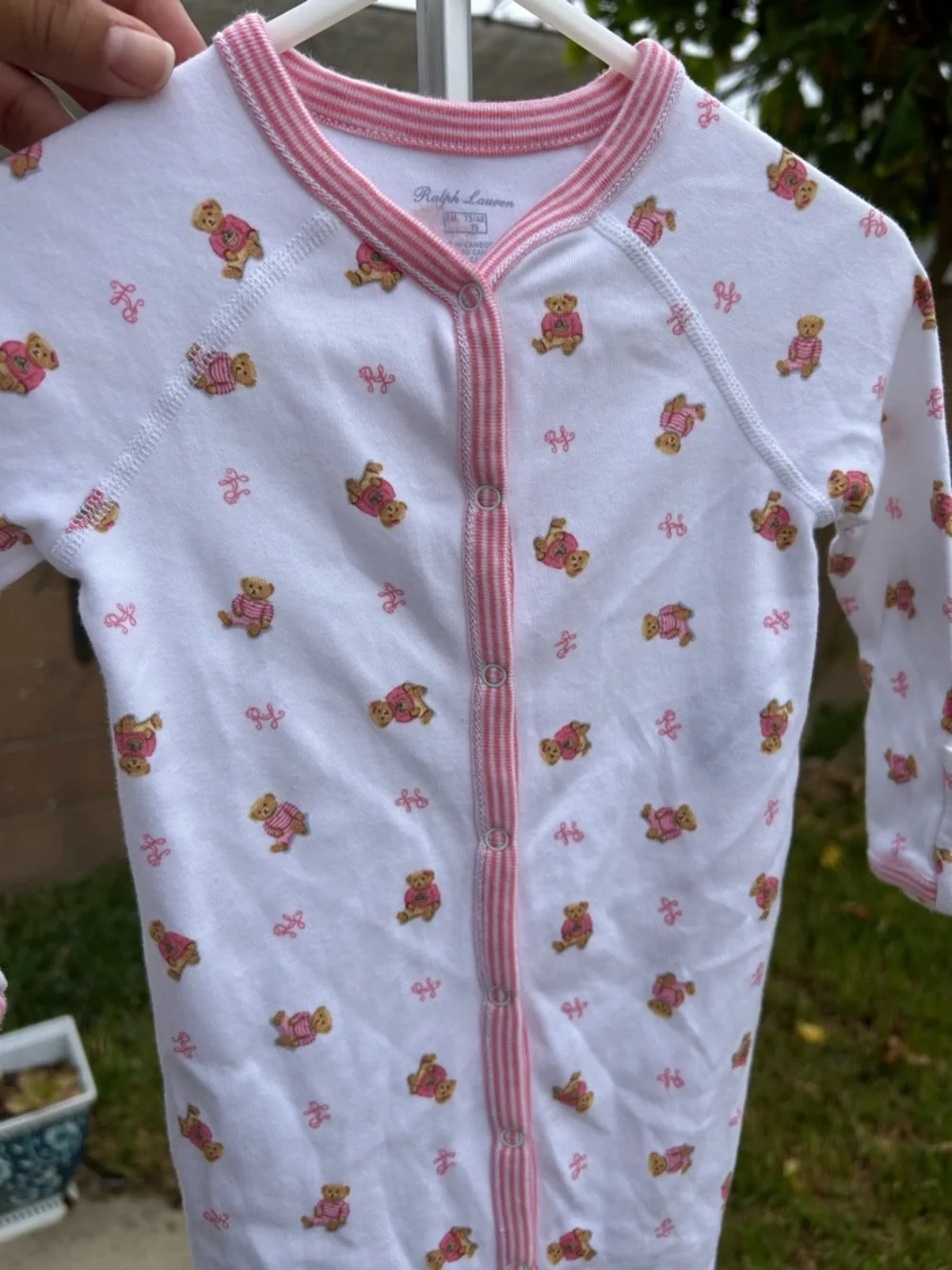 Ralph Lauren White Footed One-Piece with Pink Trim and Floral Bear Print
